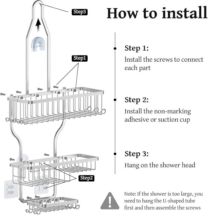 Never Rust Shower Caddy Hanging, Aluminum Shower Racks for Inside Shower, 3-Tier Shower Organizer Hanging Over Shower Head with Hooks and Soap Holder, Silver