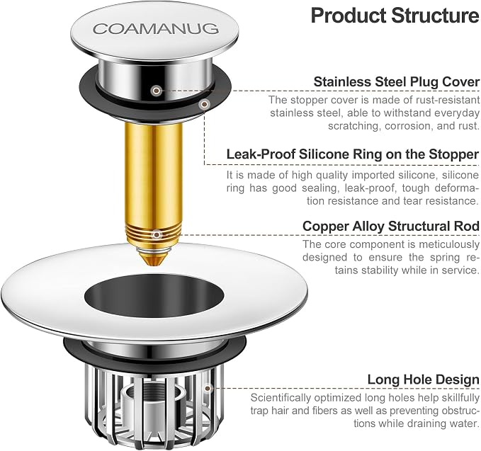 coamanug Bathtub Stopper | Shower Drain Hair Catcher, Pop-up Tub Stopper with Strainer | Bathroom Drain Plug | Drain Protector for 1-1/2 to 1-3/4"" Bath Drain Hole