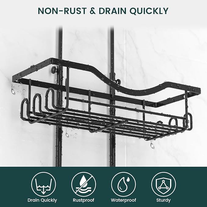 REINHARDT Adjustable Shower Caddy Hanging Rustproof Shower Organizer, Black | Extra Long, No Drilling, Anti-Slip, Shower Caddy Over Showerhead, Fast Draining, Soap Holder, 12 Hooks, Bathroom Accessories