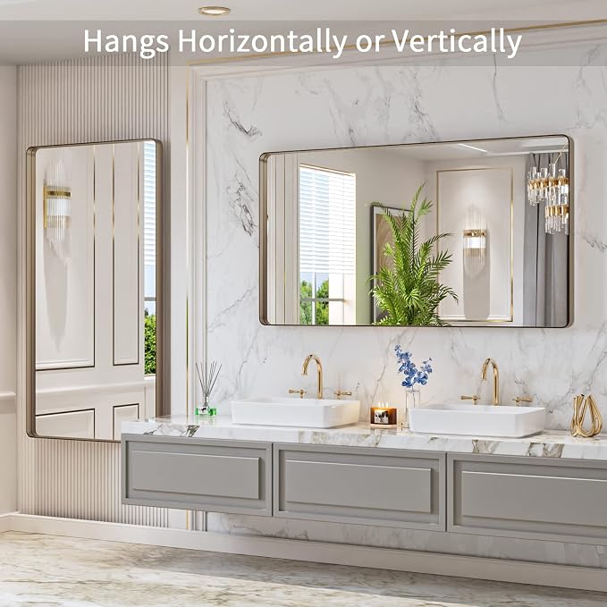 LOAAO 55”X30” Bronze Bathroom Mirrors for Vanity, Rounded Rectangle Brushed Bronze Metal Frame Mirror, Anti-Rust, Tempered Glass, Hangs Horizontally or Vertically | Rounded Rectangle, Brushed Bronze Metal Frame, Anti-Rust, Tempered Glass, Hangs Horizon...