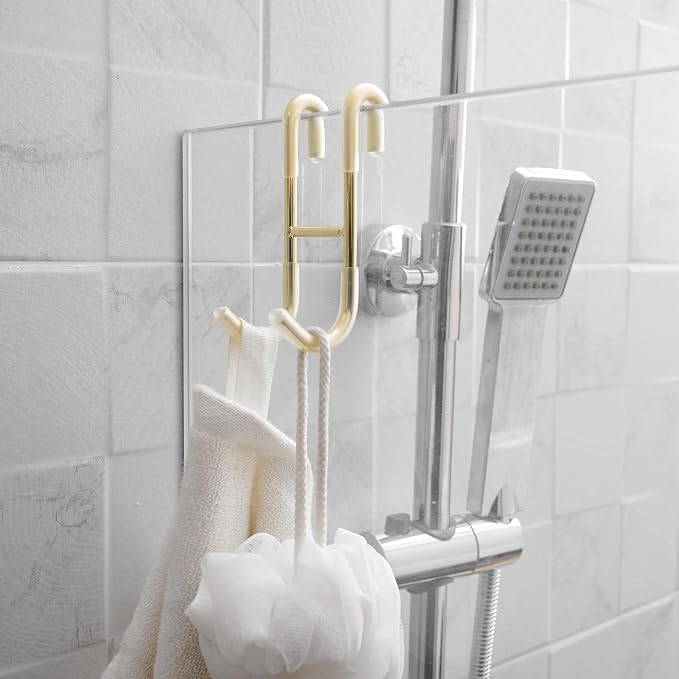 Homevacious Shower Door Hooks, 4 Pack Over Shower Glass Door Hook,SUS 304 Stainless Steel Rack Hooks, Frameless Bathroom Hanger Drilling-Free, Glue-Free Towel Hooks,Brushed Gold
