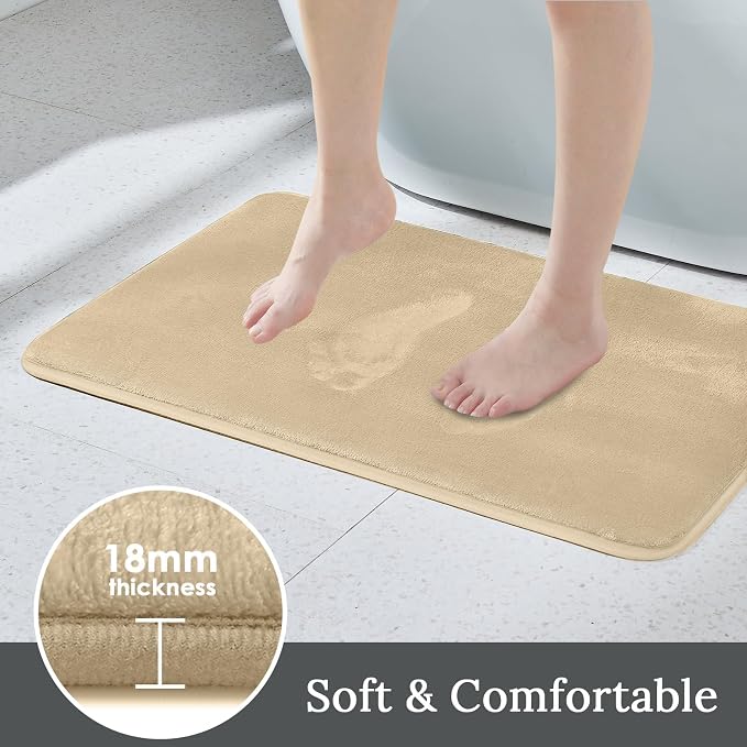 HUXMEYSON 3-Piece Memory Foam Bathroom Rug Set, Khaki | Quick Dry Velvet Surface, Non-Slip & PVC Backing, Ultra Soft Bath Rugs for Bathroom, 17"x24"+20"x32"+U Shape 20"x24"