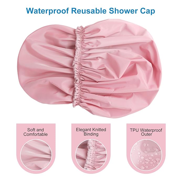 Shower Cap for Women, Large Waterproof Shower Bonnet | Double Layer, Reusable Hair Protector, Washable Large Bath Cap, Wide Elastic Band, for Long Hair, Braids - Pink