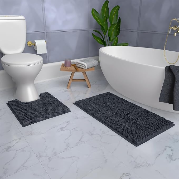 Bathroom Rugs Sets 2 Piece, Luxury Chenille Bath Mat Set, Soft Plush Anti-Slip Bath Rug + U-Shaped Toilet Mat. Microfiber Shaggy Carpet, Super Absorbent (24” x 36” & 20” x 24” U, Charcoal)