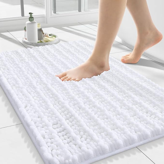 Smiry Bathroom Rugs 24X16, Extra Soft Rubber Backing Chenille Bath Mats | White Machine Washable Non Slip Quick Dry Bath Mats for Bathroom Floor, Tub, Shower, Home Decor Accessories