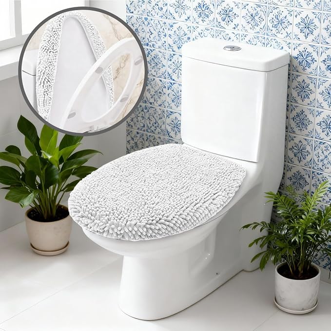 RUN HELIX Bathroom Toilet Lid Cover,Chenille Machine Washable Seat Covers, 17.5x15, Stays in Place Rubber Backing, Fits Most Round, Elongated and Oblong Lids, Accessories Decor,White