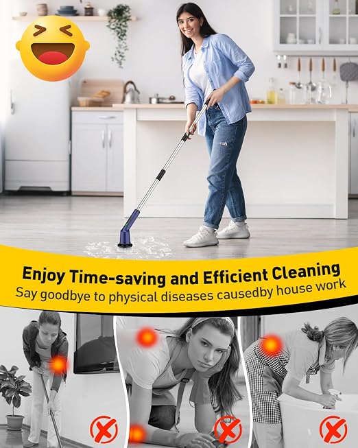 Electric Spin Scrubber for Bathroom, Shower Scrubber with Long Handle | Shower Cleaner Brushes, IPX7 Waterproof & 2 Speed, 8 Brush Heads, 90min Runtime, Bathroom Cleaning Supplies for Toilet Tub