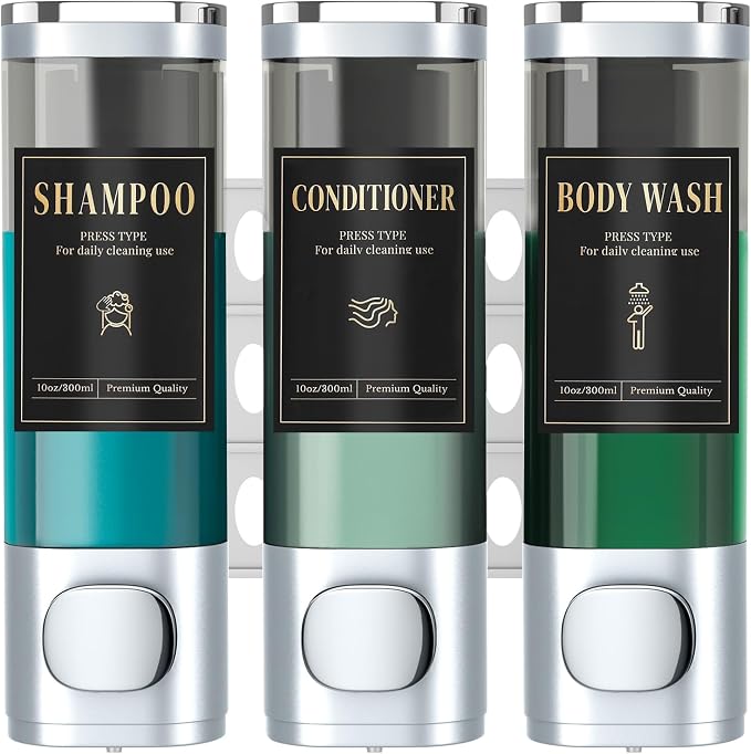 Luxspire Shampoo and Conditioner Dispenser, Shower Soap Dispenser 3-Chamber | Lockable Large Capacity 900ml No-Drill Wall-Mounted Shampoo and Body Wash Dispenser for Bathroom Hotel Kitchen Airbnb