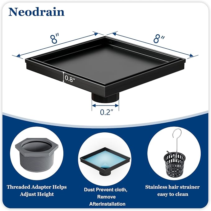 Neodrain Square Shower Drain with Removable Tile Insert Grate,304 Stainless Steel, CUPC Certified, Includes Hair Strainer (Matte Black, 8 in)