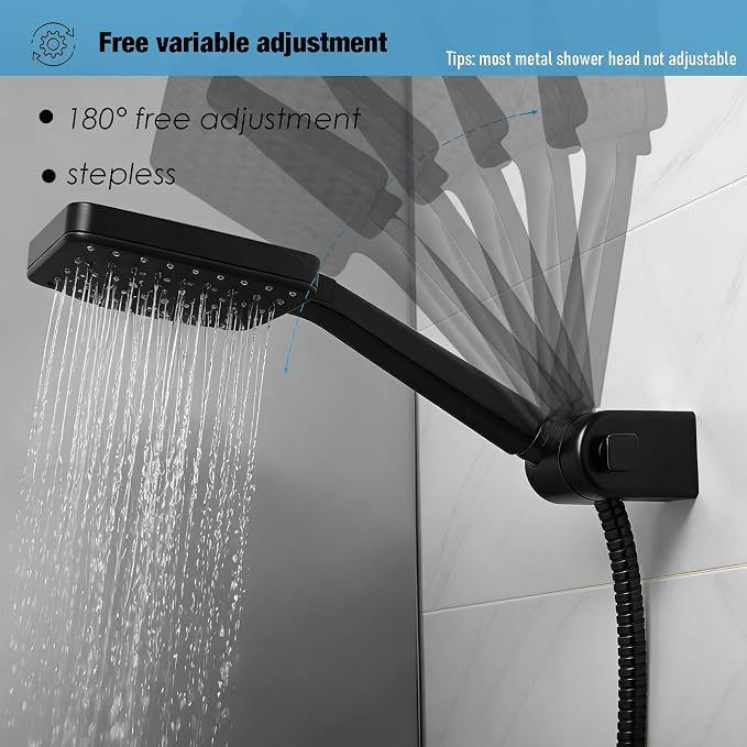 Wall Mount Handheld Shower Head Holder - All Metal -360 Variable Adjustable - Adhesive Or Screw Installation - Universal Shower Hose Holder - (Matte Black)