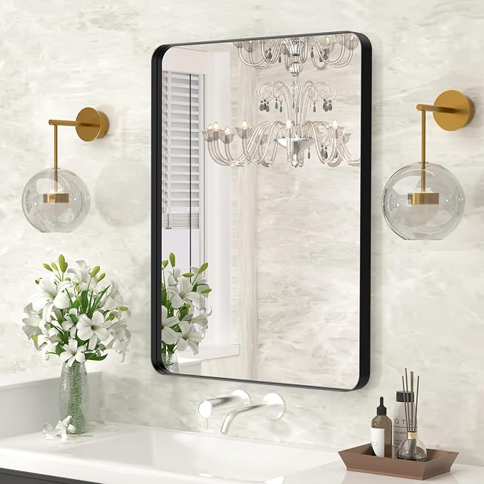 30"x22" Bathroom Vanity Mirror for Wall Aluminum Framed Farmhouse Rectangle | Anti-Rust, HD Reflection Anti-Desilvering, Distortion Free, Tempered and Shatter-Proof Wall Mounted Mirror, Black