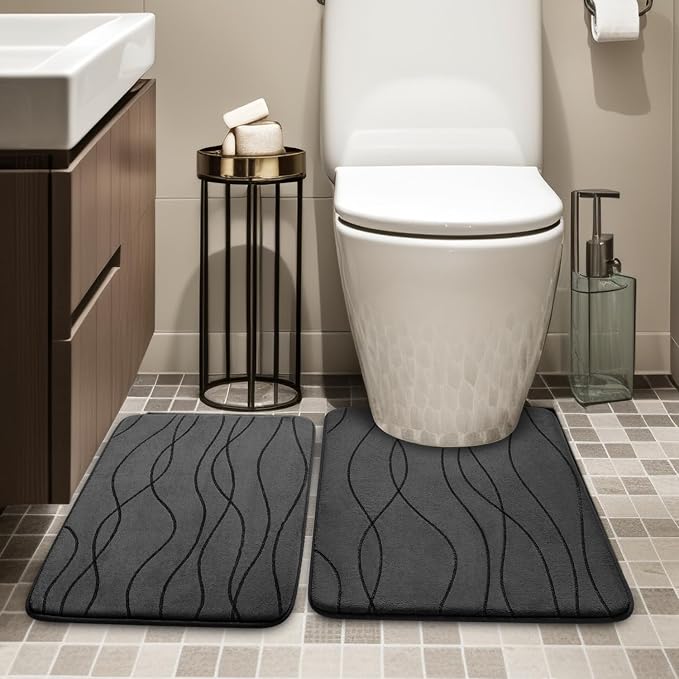 Bathroom Rugs Set 2 Piece, Memory Foam Bath Mat Dark Grey | U Shaped+Small Mat, Ultra Soft, Absorbent, Non-Slip, Machine Washable, for Bathroom, Sink and Toilet