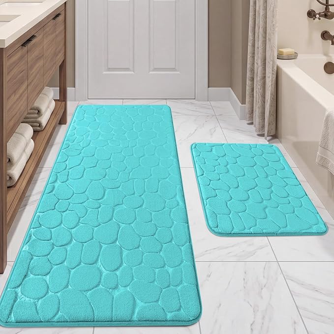 YIHOUSE Bathroom Rugs Mat Set, Memory Foam Bath Mat 2 Piece Teal | 17x24&20x46, Non Slip, Water Absorbent, Washable, Bath Mat For Bathroom, Sink and Toilet