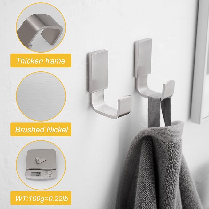 BESy Brass Clothes Hook Single Towel Hook for Bathroom Kitchen Garage Square Style Robe Hooks Coat Hooks Hat Hook, Wall Mounted with Screws, Four Packs, Brushed Nickel