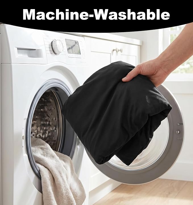 2 PCS Black Toilet Seat Cover Set, Soft Velvet Black Toilet Cover & Nylon Tank Cover with Elastic Bottom, Machine Washable Bathroom Accessories