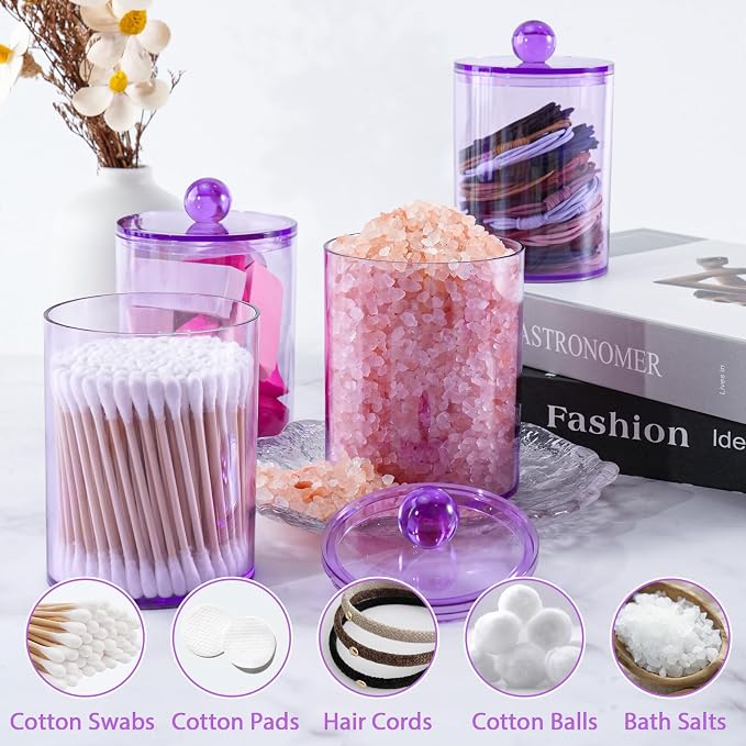 4 Pcs Acrylic Qtip Holder, Cotton Ball Holder Jars with Lids, Purple | Apothecary Jars for Cotton Swabs, Balls, Pads and Floss Picks, Bathroom Vanity Organizer
