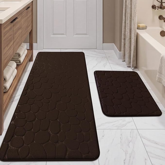 YIHOUSE Bathroom Rugs Mat Set, Memory Foam Bath Mat 2 Piece Brown | 17x24&20x46, Non Slip, Water Absorbent, Washable, Bath Mat For Bathroom, Sink and Toilet