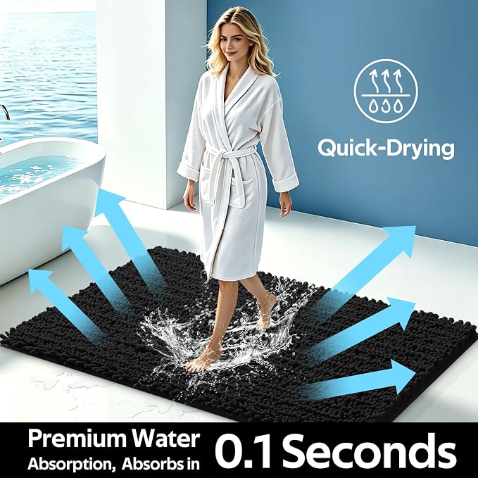 ACCUMTEK Upgrade Luxury 2 Piece Black Toilet Bathroom Rug Mat 60"x20"+32"x20", Ultra Soft Thick Absorbent Bath Mats, Non Slip Chenille Toilet Mat for Bathroom, Bedroom, Kitchen, Shower, Tub