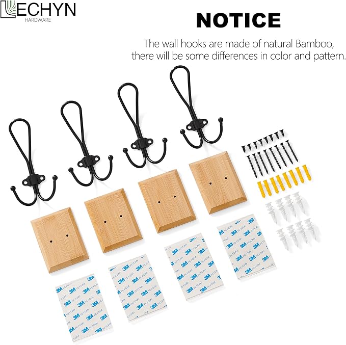 4 Pack Farmhouse Towel Hooks for Bathrooms, Heavy Duty Adhesive Mounted & Wall Mount Rustic Farmhouse Decorative Wood Wall Hooks for Hanging Towel Robe Coat (Bamboo)
