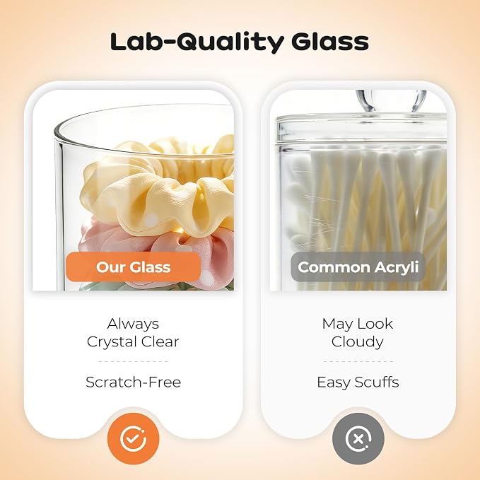15oz & 10oz Glass Qtip Holder with Acacia Wood Lids, 6 Pack Apothecary Jars | Small Glass Dispenser Jars with Labels, for Cotton Swabs, Cotton Balls, Pads, Floss Picks, Toothpicks, Vanity Organization