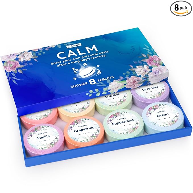 CalmNFiz Shower Steamers Aromatherapy Self Care Gifts 8 Pack Set, Blue | Birthday Gifts for Women, Mom, Wife, Friend, Teacher, Shower Bombs Essential Oil Tablets 8 Fragrances, Self-Care Relaxation