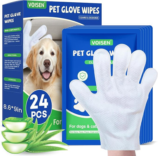 24 Pcs Pet Glove Wipes for Dogs, Pet Cleaning Gloves | Dog Wipes Cleaning Deodorizing,Unscented Thick Pet Wipes for Nourish Fur Daily Care and Travel