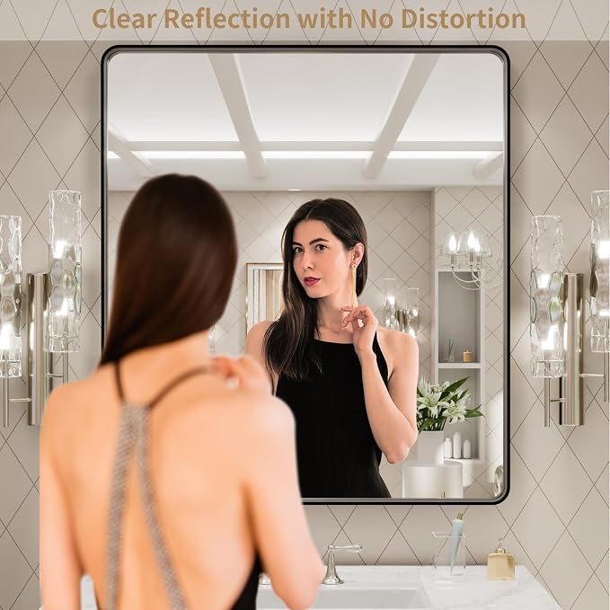 LOAAO 32x36 Inch Black Bathroom Mirror Metal Framed | Matte Black, Rounded Rectangle, Anti-Rust, Tempered Glass, Hangs Horizontally or Vertically, Wall-Mounted