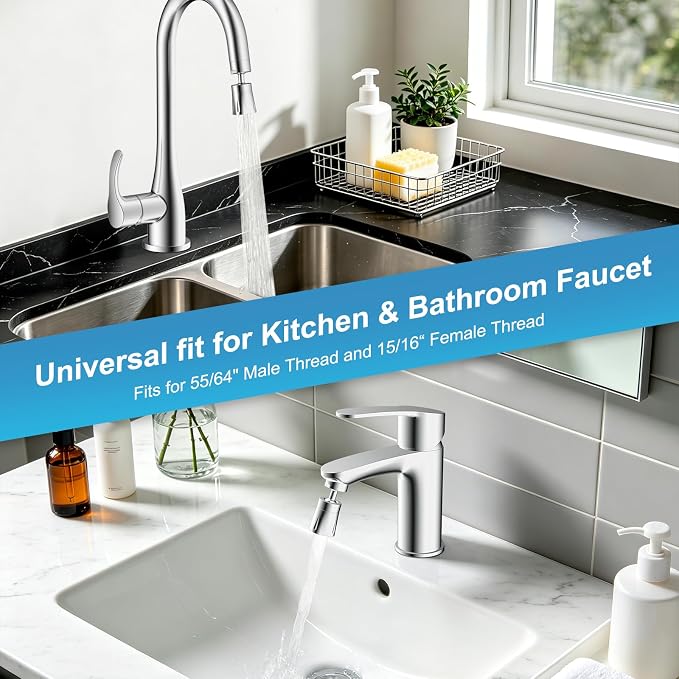 iFealClear Faucet Aerater NSF/ANSI/CAN 372 Certified, 360° Swivel 4 Modes Faucet Sprayer Attachment, 55/64" Big Angle Bathroom & Kitchen Sink Faucet Head, 2 Metal Joints, 15/16" Male Adapter, Chrome
