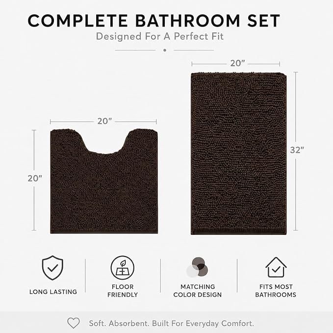 Bathroom Rugs Sets 2 Piece,Super Absorbent Soft,Thick,Machine Washable Chenille Bath Mat,Non Slip Toilet Floor Rug,Bath Mats for Bathroom,20x32 Plus 20x20 U Shape,Coffee