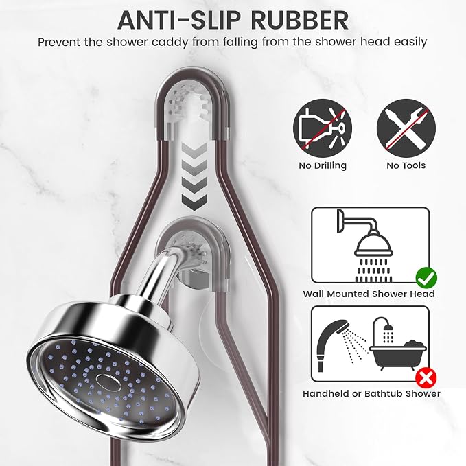 REINHARDT Adjustable Shower Caddy Hanging Over Shower Head, Bronze | Rustproof Shower Organizer, Extra Long, No Drilling, Anti-Slip, Fast Draining, Soap Holder, 12 Hooks, Bathroom Accessories