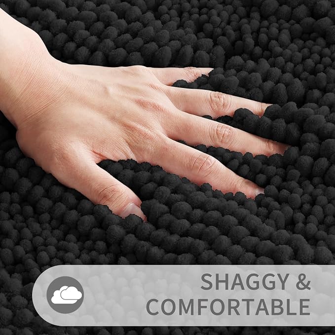 Yimobra Bathroom Rug Set 2 Piece, Absorbent Chenille, 32x20+24x17, Black | Non Slip Machine Washable Quick Dry Bath Mat Set, Soft Plush Shower Rugs for Bathroom Floor Sink Tub and Shower Outside