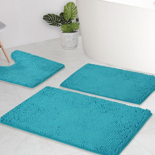 Bathroom Rugs Chenille Bath mat 3 Piece Set, Super Absorbent, Strong PVC Non Slip Backing, Bath mats for Bathroom, Plush Shaggy, Thick, Machine Washable, Bathtub, Toilet, Light Blue