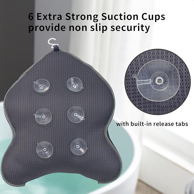 Poemland Extra Thick Large Bath Pillow with Neck,Back,Head Support for Bathtub, Spa, Soaking Gray(19''x15'')