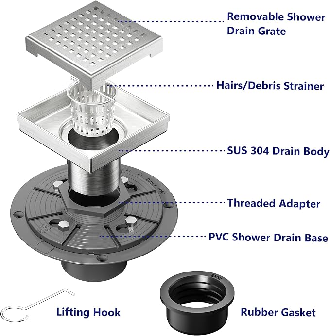Neodrain 4-Inch Square Shower Drain with Removable Quadrato Pattern Grate, PVC Shower Drain Base and Rubber Gasket for Bathroom Floor Drain, Brushed 304 Stainless Steel, Includes Hair Strainer