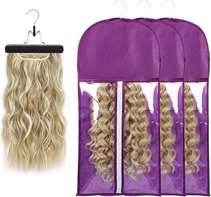 3PCS Wig Storage Bags with Hanger - Portable Hair Extension Organizer Dust-proof Stand (Purple)