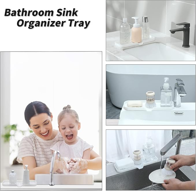 MicoYang Silicone Soap Dish with Drain Spout — Self-Draining Double Sink Organizer Tray for Kitchen & Bathroom, Dispensers, Sponges & Soap Holder, Non-Slip & Dishwasher Safe, White (Large, 12"×4")