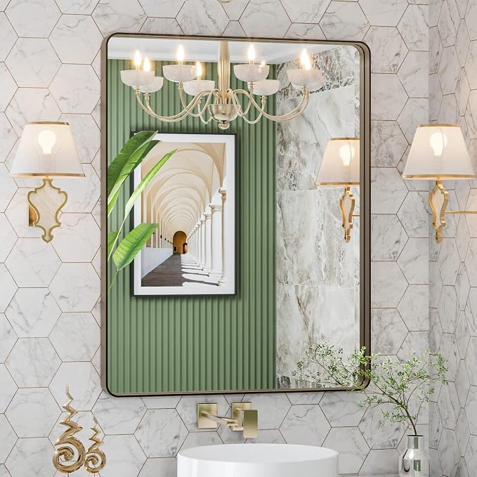 LOAAO 28"X36" Bronze Bathroom Mirrors | Rounded Rectangle, Brushed Bronze Metal Frame, Anti-Rust, Hangs Horizontally or Vertically