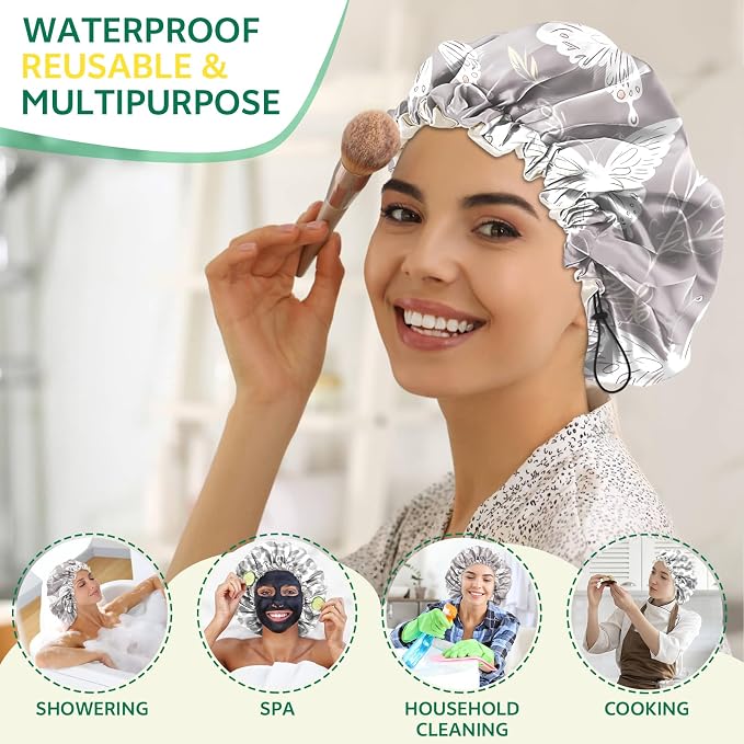 2 PCS Shower Cap Waterproof Double Layer Elastic Adjustable Reusable Hair Bath Caps for Girls Women Cute Aesthetic-Grey