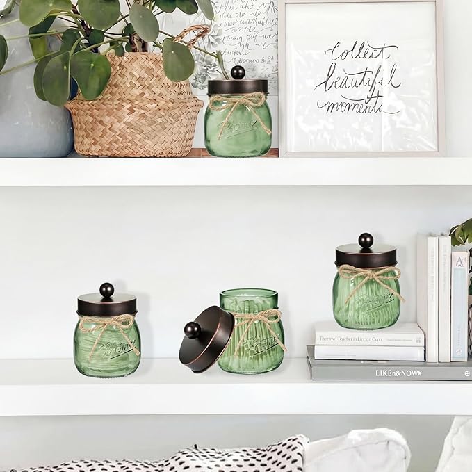 SheeChung 2 Pack Green Glass Mason Jar Qtip Holder Dispenser with ORB Lids | Apothecary Jar Canisters Set,Stainless Steel Lids,Small Bathroom Jars,Vanity Storage Organizer for Cotton Swab,Ball,Pad,Floss