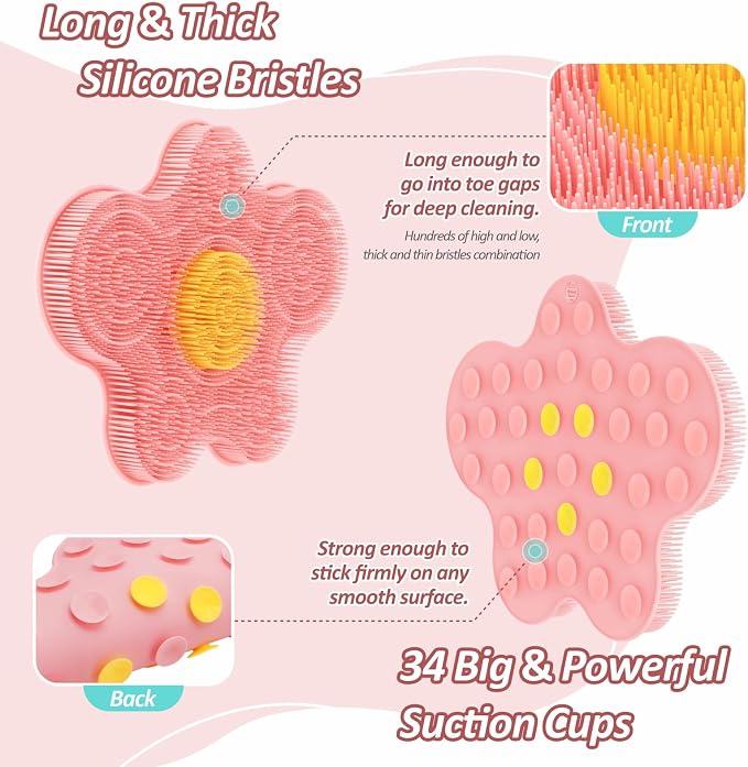 Upgrade Silicone Shower Foot Scrubber Mat & Silicone Body Scrubber Set, Large Wall-Mounted Back Scrubber Back Washer to Clean, Exfoliate and Massage Without Bending(Pink+Body Scrubber)