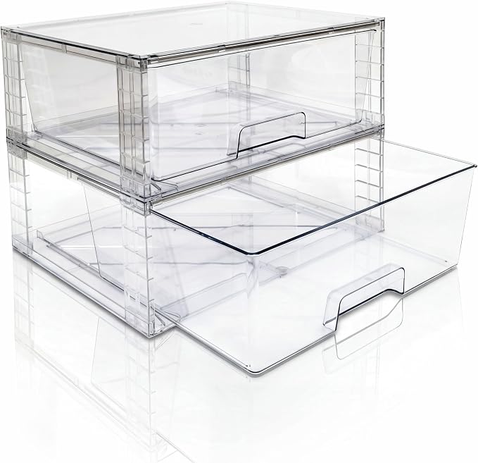 Wide Large Stackable Storage Drawers(2 Pack),Multi-purpose Clear Plastic Organizer Bins with Handles, Easy to Assemble for Bathroom Home Closet Under Sink Kitchen Pantry Medicine Cabinet
