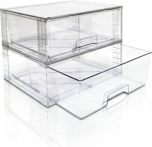 Wide Large Stackable Storage Drawers(2 Pack),Multi-purpose Clear Plastic Organizer Bins with Handles, Easy to Assemble for Bathroom Home Closet Under Sink Kitchen Pantry Medicine Cabinet