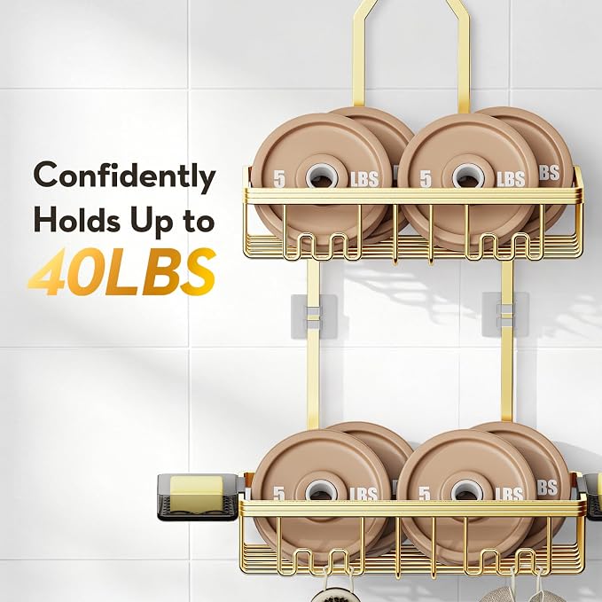 Shower Caddy Hanging, Never Rust Shower Organizer Hanging, Aluminum Shower Racks for Inside Shower with Hooks for Razor, Bathroom Organizers and Storage with Soap Holder, Gold