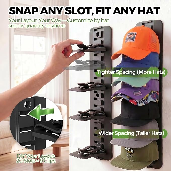 DIY 2Pack Hat Organizer – Holds 36 Hats, Adjustable Clips, Adhesive or Screw Mount, for Baseball Caps & Snapbacks, Space-Saving Cap Holder & Hat Storage Wall Rack for Closet & Door, Black