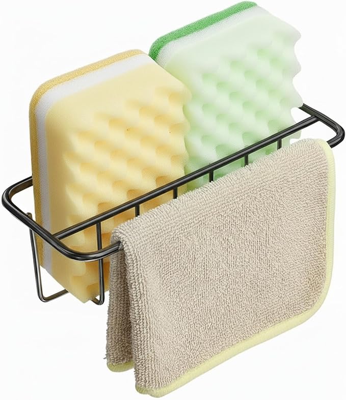 KESOL Adhesive Kitchen Sink Sponge Holder + Dish Cloth Hanger + Soap Holder, 2-in-1 Kitchen Sink Caddy, 304 Stainless Steel Rust Proof, Water Proof, No Drilling (Black)