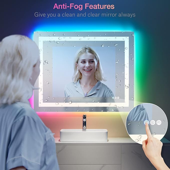 LOAAO 48"X28" LED Bathroom Mirror with Lights, UL Listed | Anti-Fog, Dimmable, RGB Backlit + Front Lighted, Memory Function, Tempered Glass