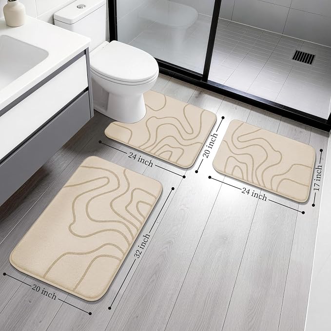 YIHOUSE Memory Foam Bathroom Rugs Sets 3 Piece, Ultra Soft Bath Mat, Beige | Ultra Soft, Extra Thick Bath Mat, Absorbent, Non-Slip, Machine Washable, For Tub, Shower & Home Decor Accessories