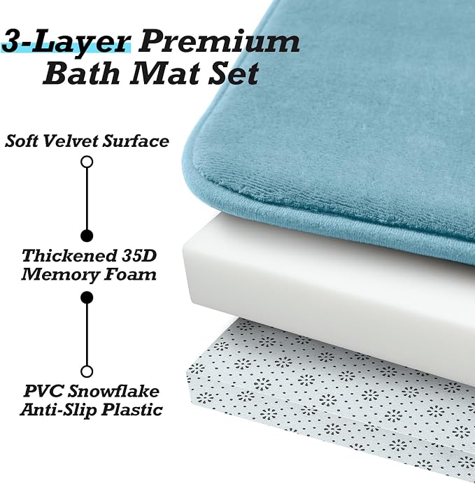 HUXMEYSON Bathroom Rugs Sets 3 Piece, Non-Slip & Quick Dry Bath Mat Set, Ultra Soft Velvet Bath Rugs for Bathroom, Toilet and Shower Floor, Lake Blue