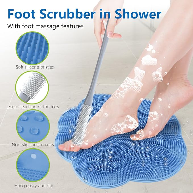 Toe Gap Cleaning Brush with Long Handle and Shower Foot Scrubber Mat, Silicone Toe Gap Cleaning Brush Cleans Your Feet Without Bending for Seniors, Men and Women