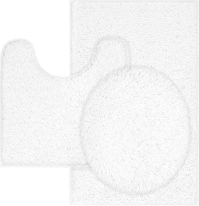 TREETONE Chenille Bath Mat 3 Piece Bathroom Rugs Set, 20x20 Inchs U-Shape Contoured Toilet Mat & 20x32 Inchs Rug & Lid Cover, Soft, Water Absorbent Plush Rugs for Tub Shower & Bath Room -White | 3 Mats-20"x32"/Contour/Lid Cover, White, Rubber Backing, ...
